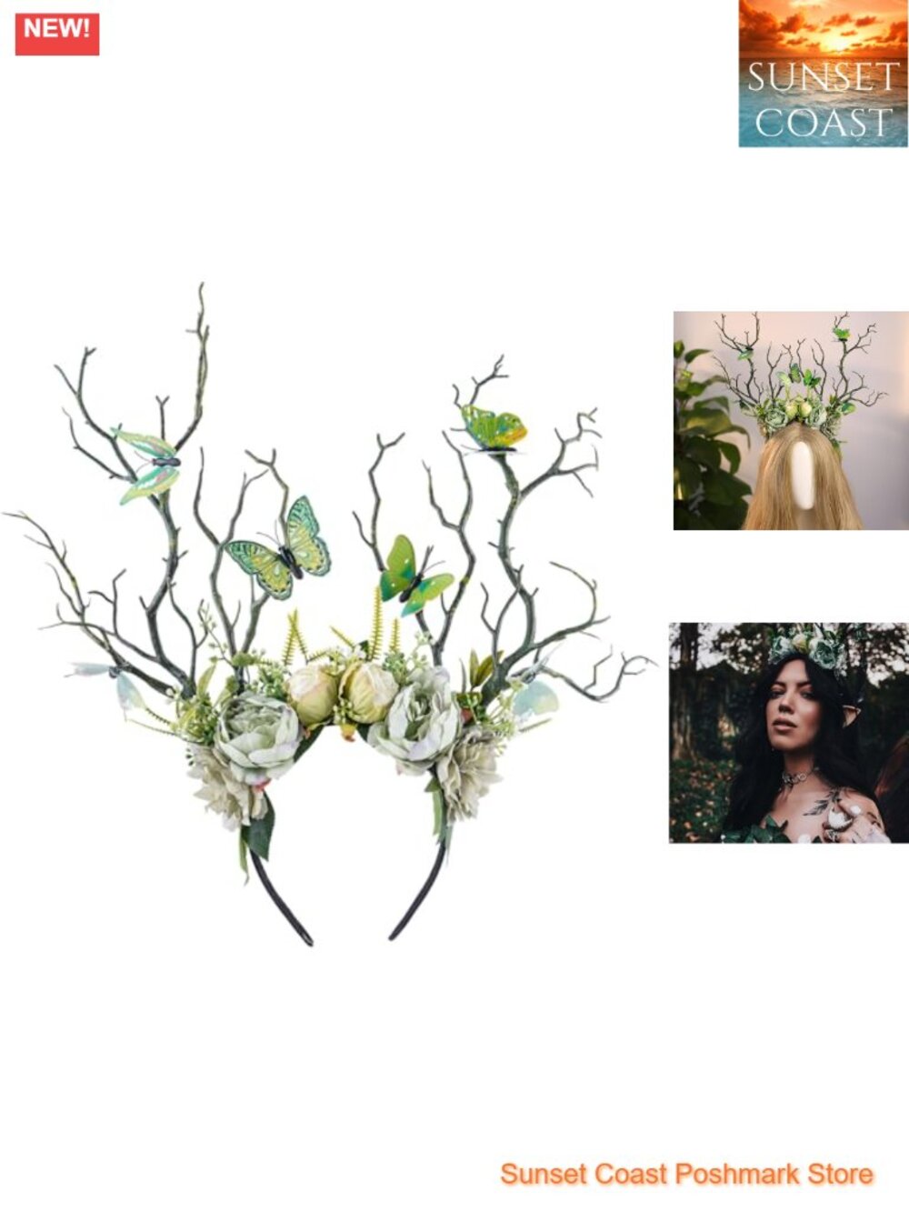 Handmade Floral Tree Branch Headband with Butterfly Woodland Crown